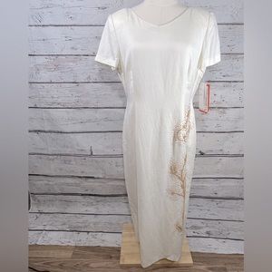 DONNA MORGAN Sheath Dress Ivory Linen Short Sleeve w Tan Seed Bead Design-14